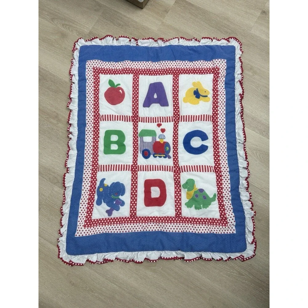 Vintage Cuddle Me Ruffle ABC Train Puppy Dinosaur Baby Quilt Blanket Noel Joanna
